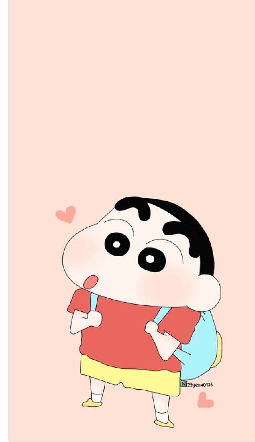 Cute Crayon Shin-chan Cartoon Character with Backpack and Hearts on Pink Background HD phone wallpaper