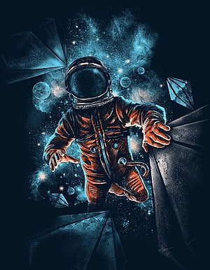 Stylized Astronaut Floating in Deep Space with Nebula and Geometric Shapes HD phone wallpaper
