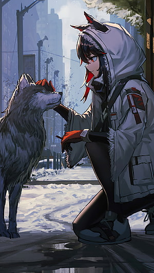Arknights Klee Kneeling in Snowy City Street with Wolf Companion HD phone wallpaper