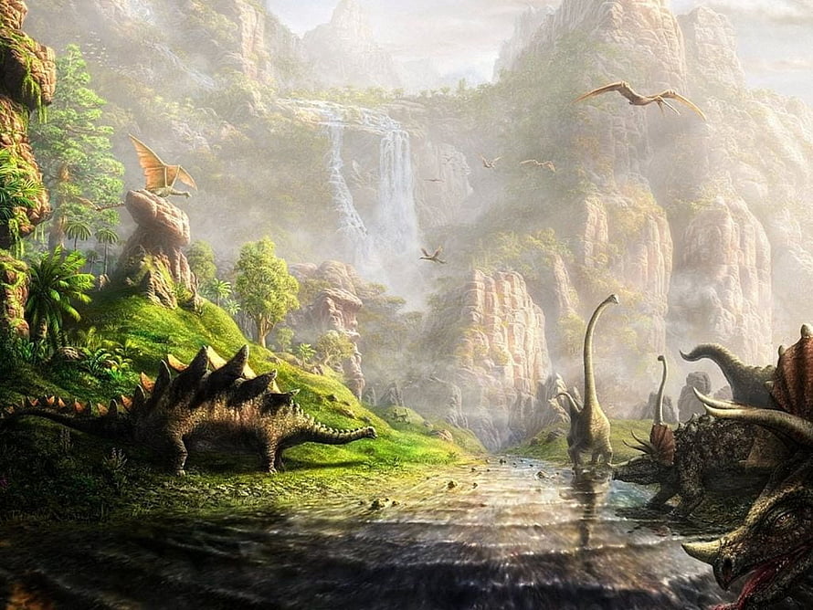 Jurassic Park Prehistoric Valley with Waterfall and Diverse Dinosaur Species HD wallpaper