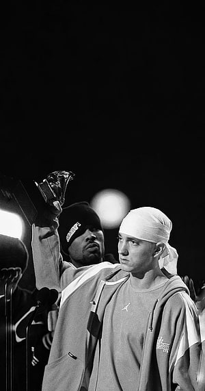 Eminem in Black and White Wearing a Bandana and Jordan Hoodie at an Awards Ceremony HD phone wallpaper