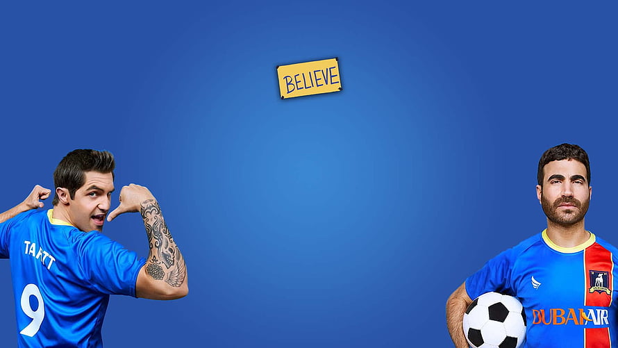 Jamie Tartt and Roy Kent in Blue Football Kits with Believe Sign on Blue Background HD wallpaper