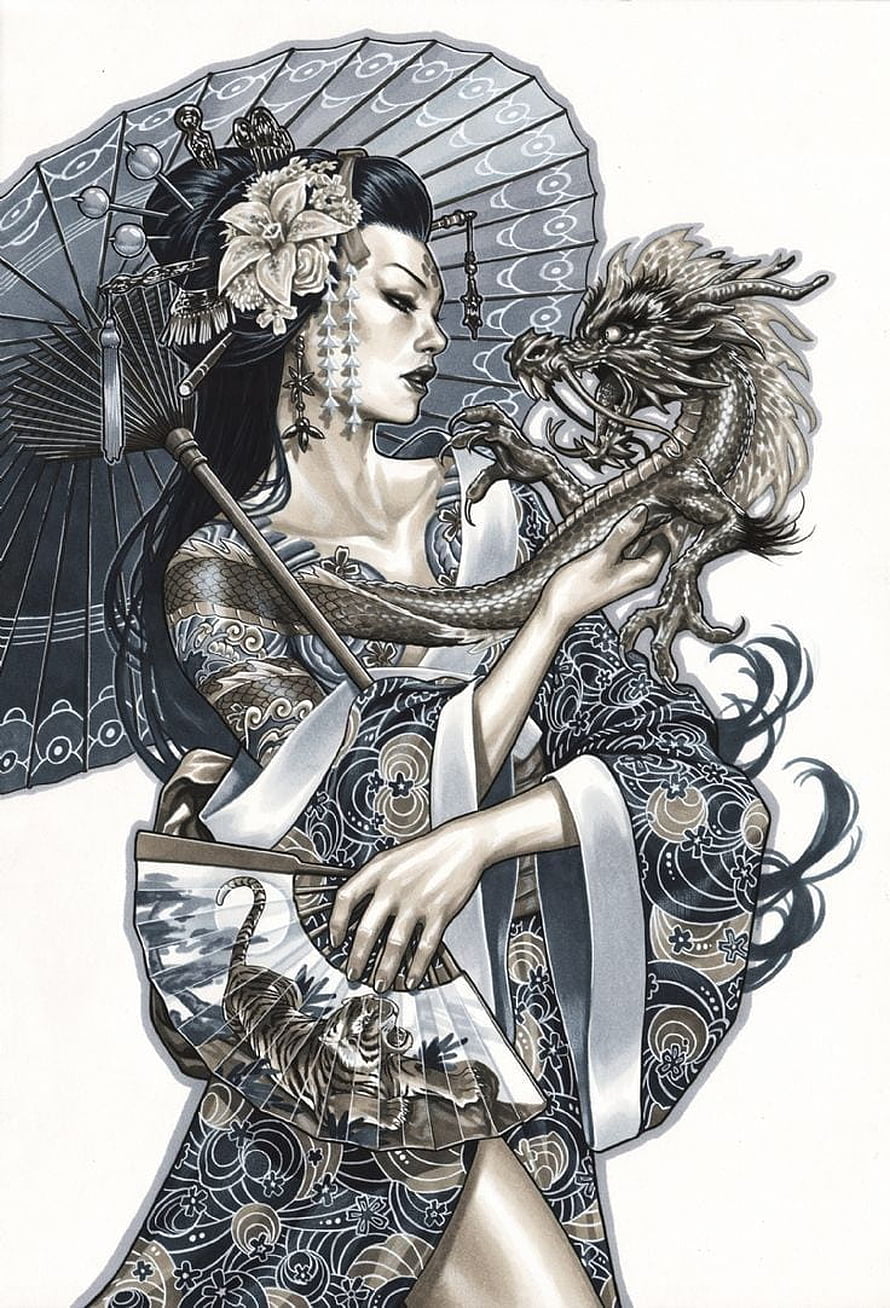 Japanese Geisha with Dragon and Tiger Fan in Traditional Kimono Illustration HD phone wallpaper