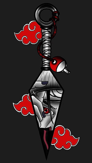 Itachi Uchiha Shuriken Keychain with Sharingan Eye and Red Clouds HD phone wallpaper