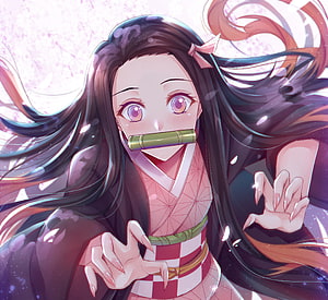 Nezuko Kamado from Demon Slayer in a pink kimono with bamboo mouthpiece and flowing dark hair HD wallpaper