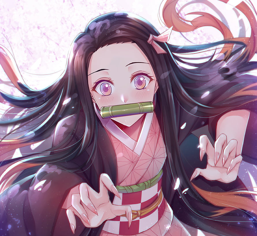 Nezuko Kamado from Demon Slayer in a pink kimono with bamboo mouthpiece and flowing dark hair HD wallpaper