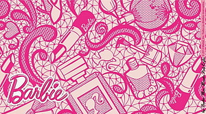 Barbie Pink Pattern Wallpaper Featuring Beauty Products and Logo HD wallpaper