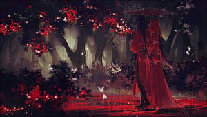Heaven Official's Blessing Couple Under Red Blossoms in Rainy Forest HD wallpaper