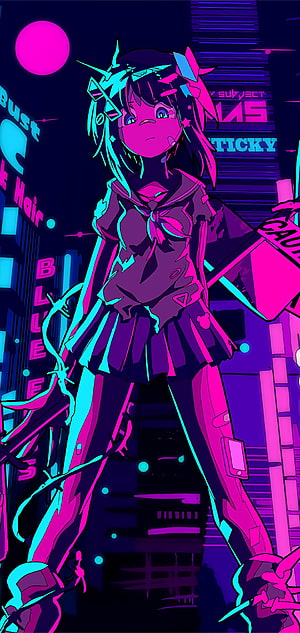 Cyberpunk Anime Girl in Neon Purple and Cyan Cityscape HD phone wallpaper