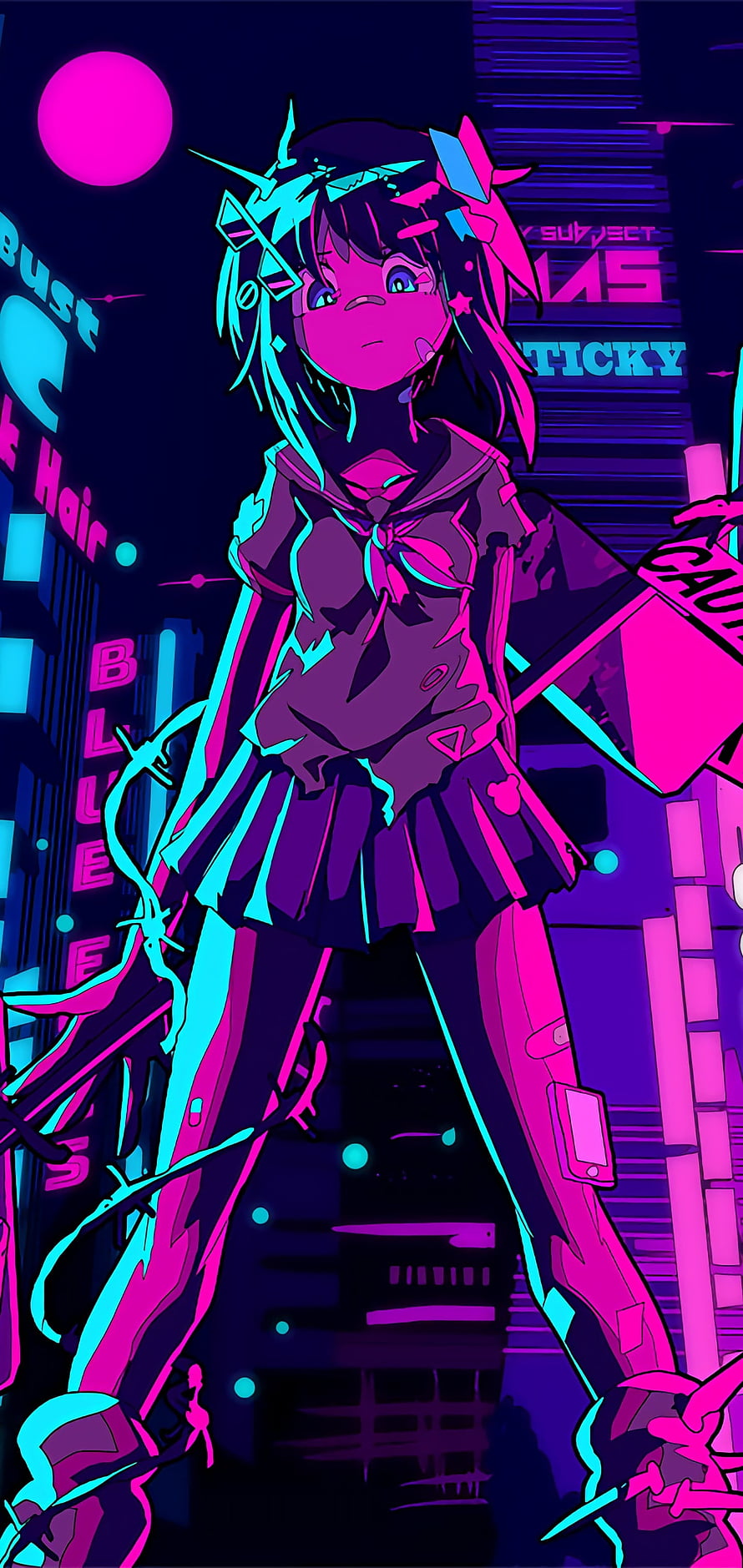 Cyberpunk Anime Girl in Neon Purple and Cyan Cityscape HD phone wallpaper
