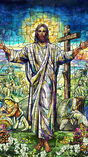 Stained Glass Jesus Christ with Cross and Disciples in Garden HD phone wallpaper