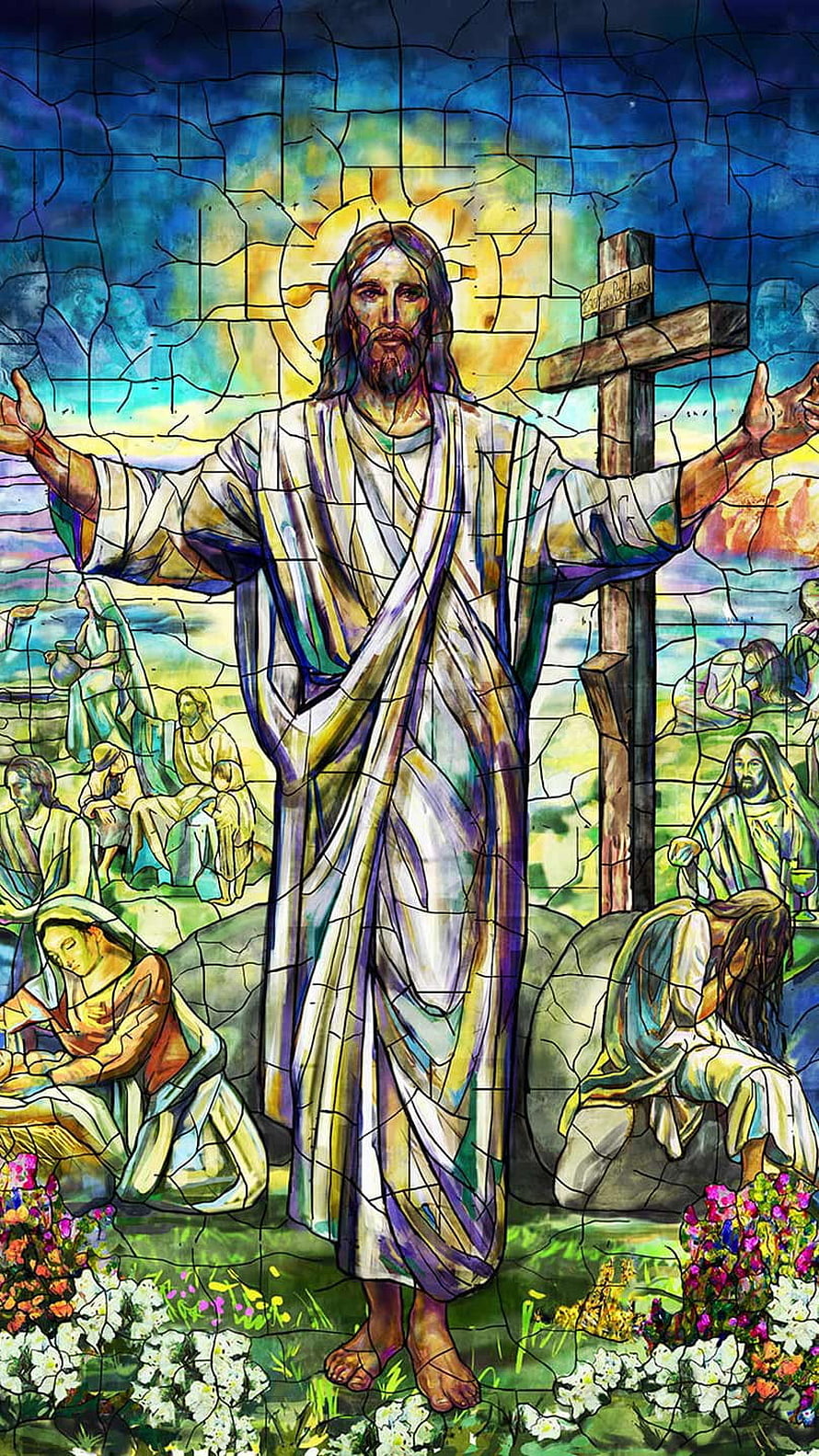 Stained Glass Jesus Christ with Cross and Disciples in Garden HD phone wallpaper