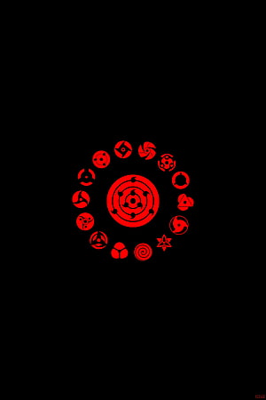 Naruto Sharingan and Byakugan Eye Symbols Arranged in a Red Circular Pattern on Black Background HD phone wallpaper