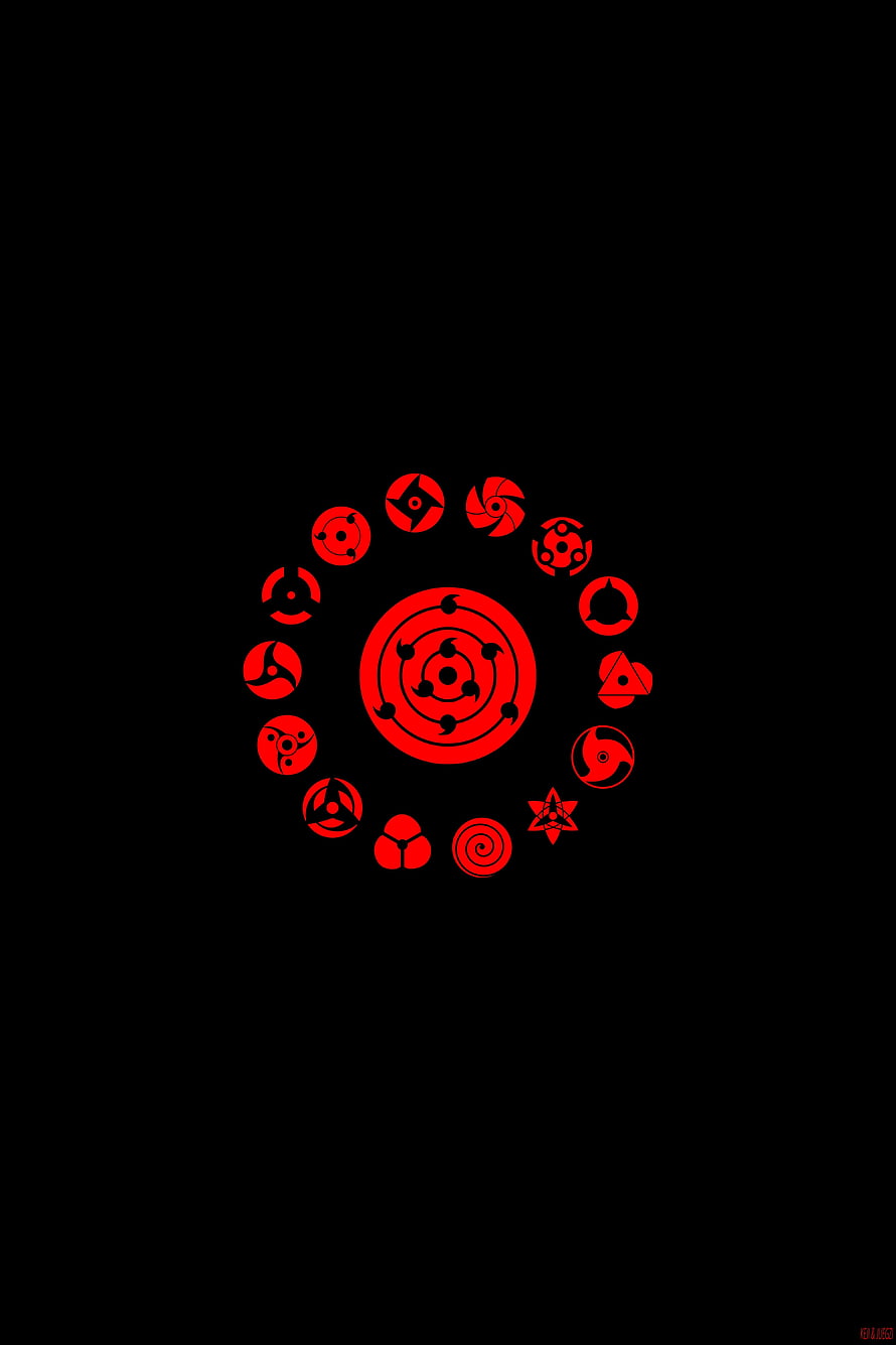 Naruto Sharingan and Byakugan Eye Symbols Arranged in a Red Circular Pattern on Black Background HD phone wallpaper