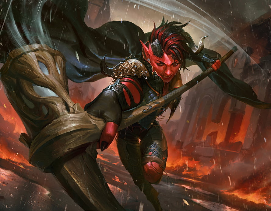 Karlach Vengeant Tiefling Warrior Wielding Hammer in Fiery Avernus Battlefield HD wallpaper