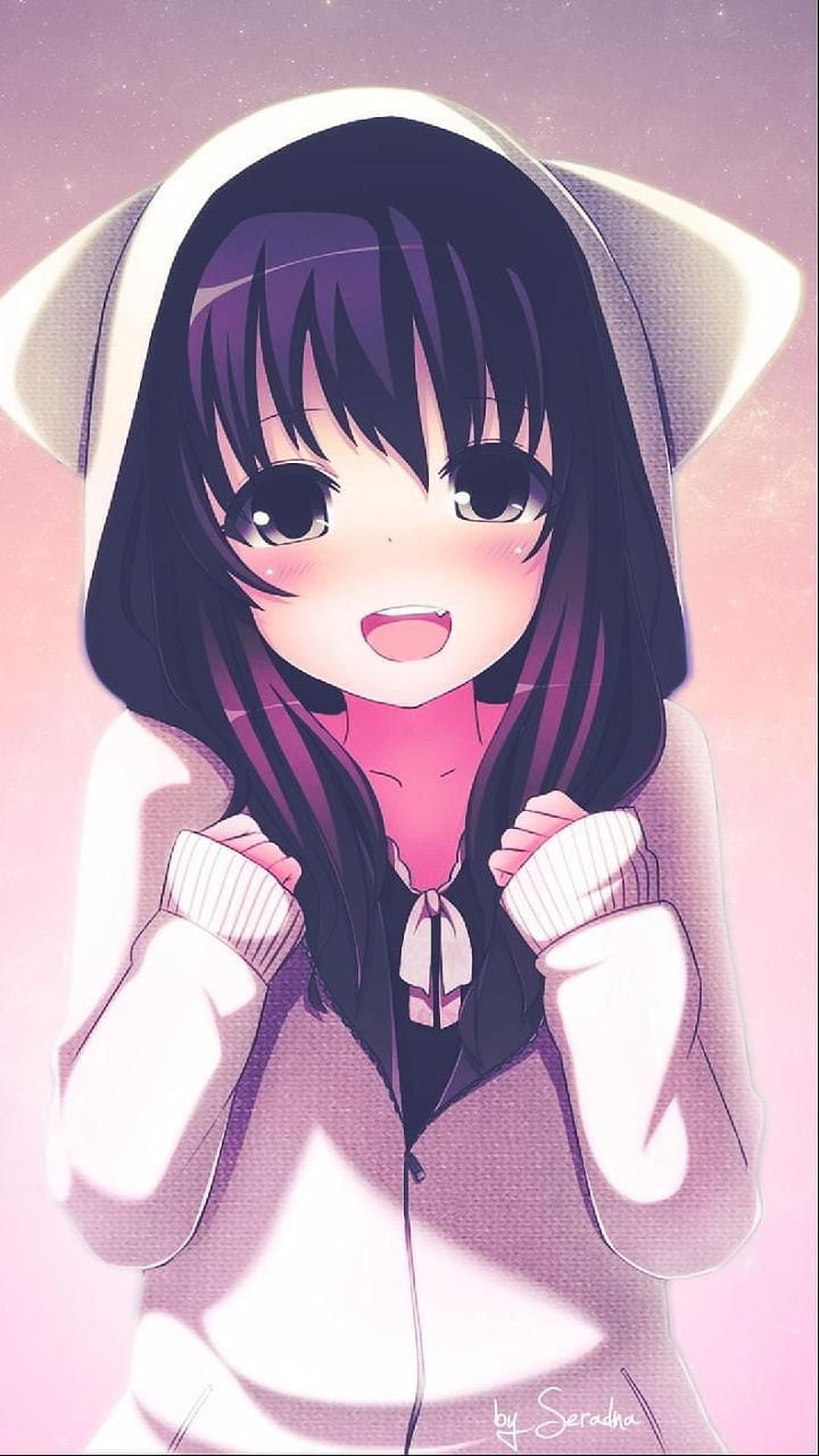 Cute Anime Girl in Hooded Sweater with Soft Pink Background HD phone wallpaper