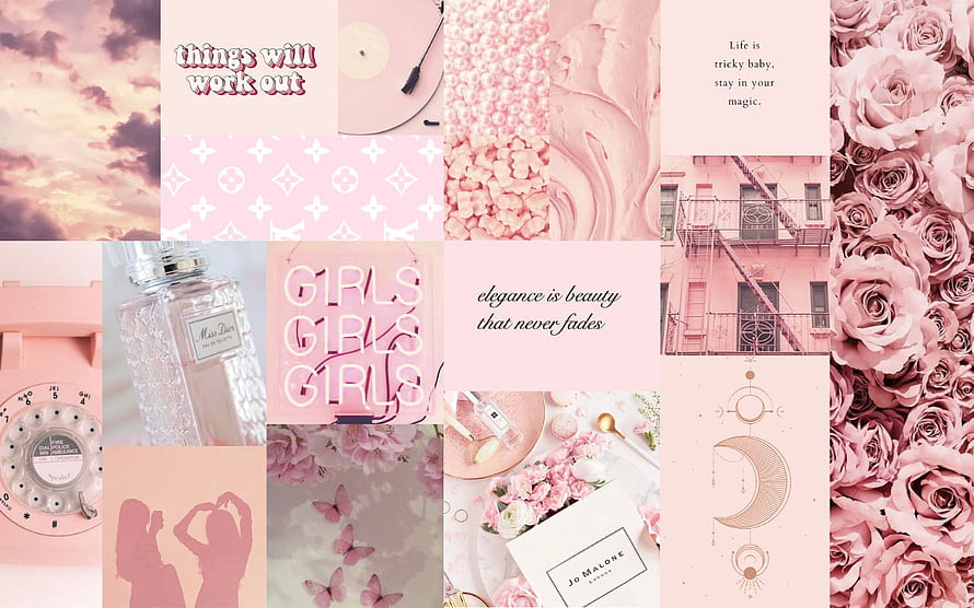Pink Aesthetic Collage Wallpaper Featuring Roses, Perfume, and Inspirational Quotes HD wallpaper