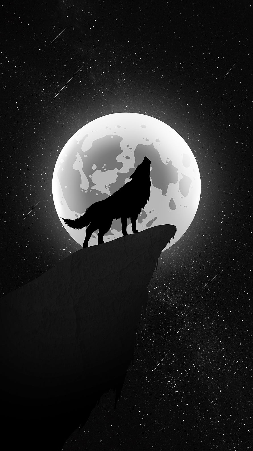 Silhouette of a lone wolf howling at a full moon from a rocky cliff under a starry night sky HD phone wallpaper