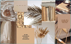 Beige Aesthetic Mood Board with Dried Flowers, Books, and Minimalist Text HD wallpaper