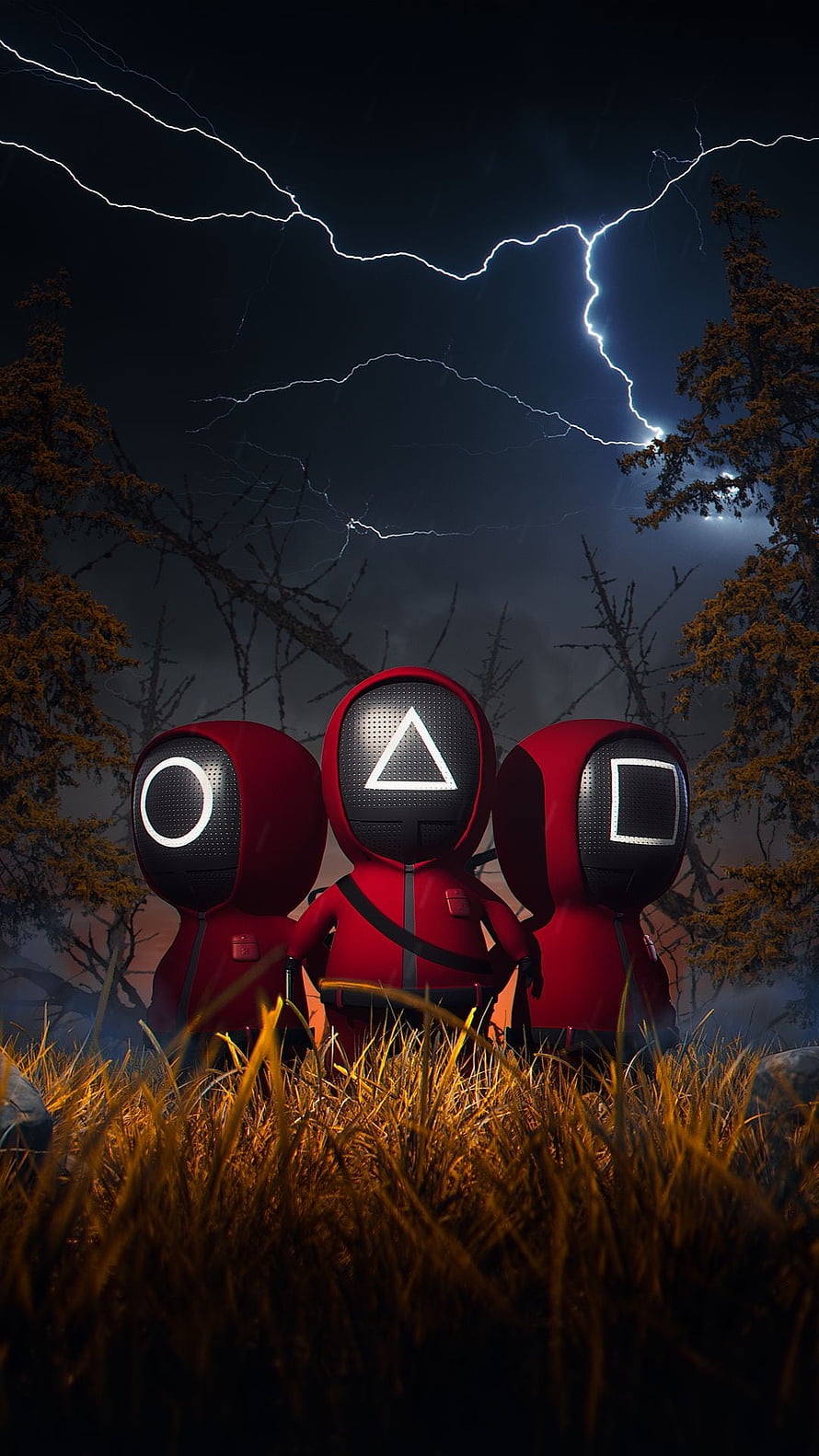 Squid Game Frontline Dummies Standing in a Stormy Forest at Night HD phone wallpaper