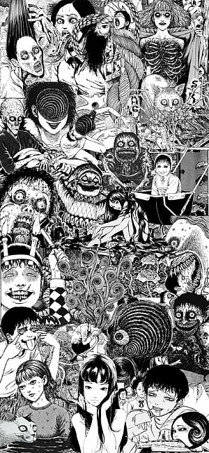 Junji Ito Horror Manga Collage Featuring Disturbing Characters and Dark Illustrations HD phone wallpaper