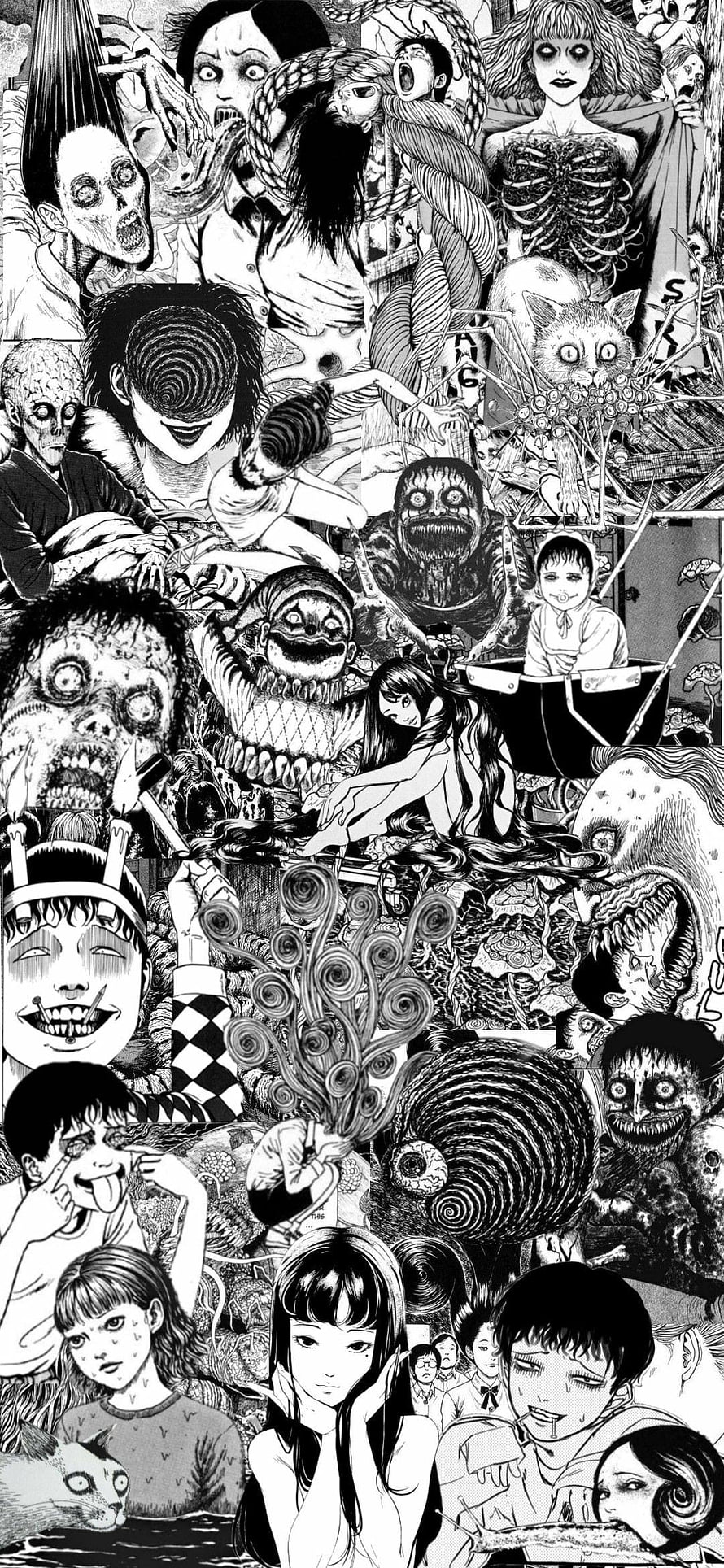 Junji Ito Horror Manga Collage Featuring Disturbing Characters and Dark Illustrations HD phone wallpaper