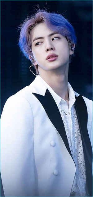 BTS Jin in White Suit with Blue Hair and Stage Earpiece HD phone wallpaper
