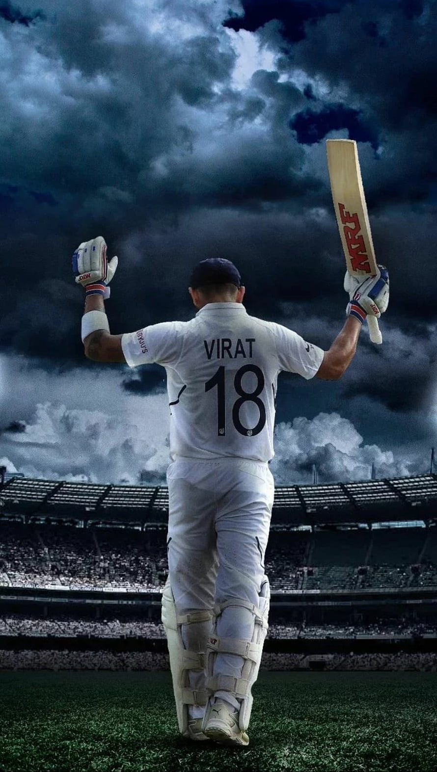 Virat Kohli raising bat in white cricket gear under dramatic storm clouds at a stadium HD phone wallpaper