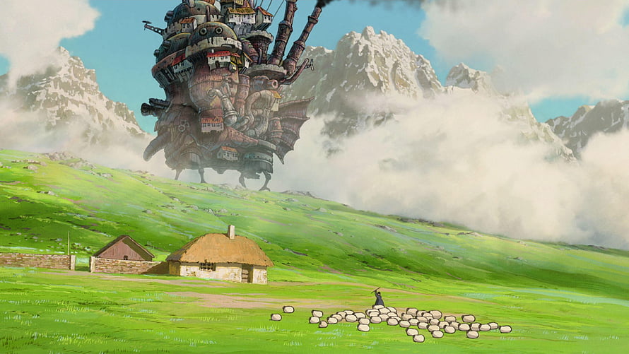 Howl's Moving Castle Stepping Across Green Hills in Studio Ghibli Animation HD wallpaper