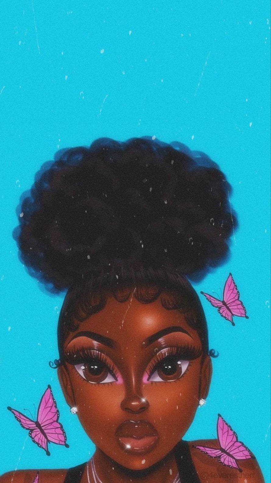 Digital illustration of a Black woman with a large afro and pink butterflies on a teal background HD phone wallpaper