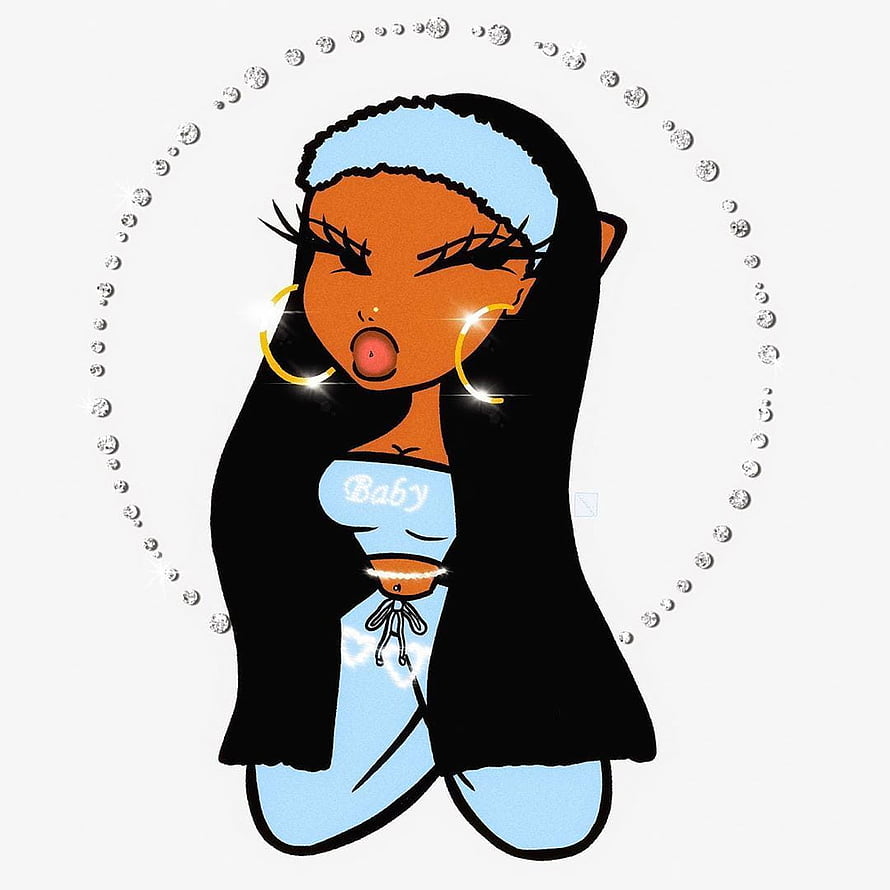 Stylized 2000s Baddie Cartoon Illustration of a Black Woman with Long Hair and Gold Hoops HD phone wallpaper