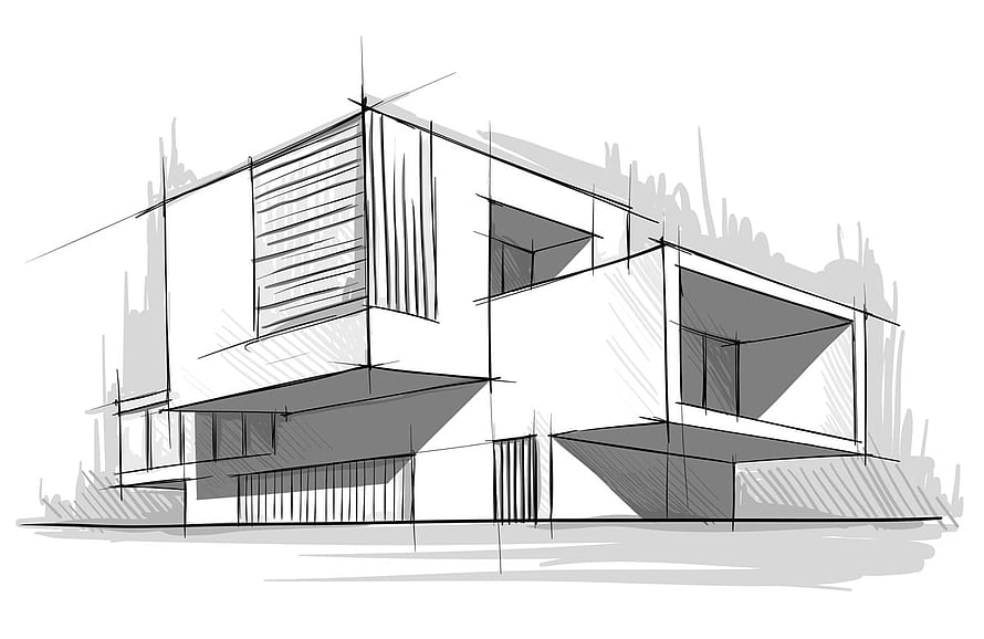 Modern House Architectural Sketch with Geometric Facade and Minimalist Design HD wallpaper