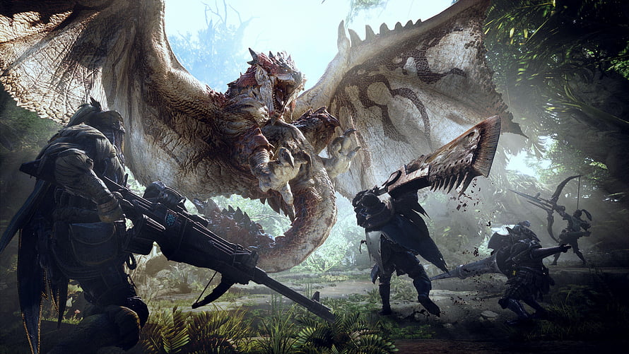 Monster Hunter World: Hunters Confronting a Massive Winged Dragon in a Lush Jungle Arena HD wallpaper
