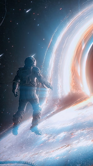 Astronaut Floating in Deep Space Near a Glowing Black Hole Event Horizon HD phone wallpaper