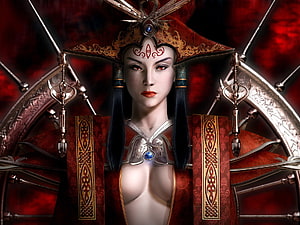 Regal Chinese Fantasy Queen in Ornate Red and Gold Ceremonial Armor HD wallpaper