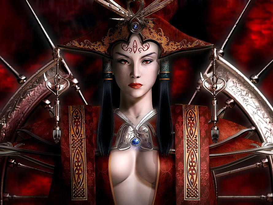 Regal Chinese Fantasy Queen in Ornate Red and Gold Ceremonial Armor HD wallpaper