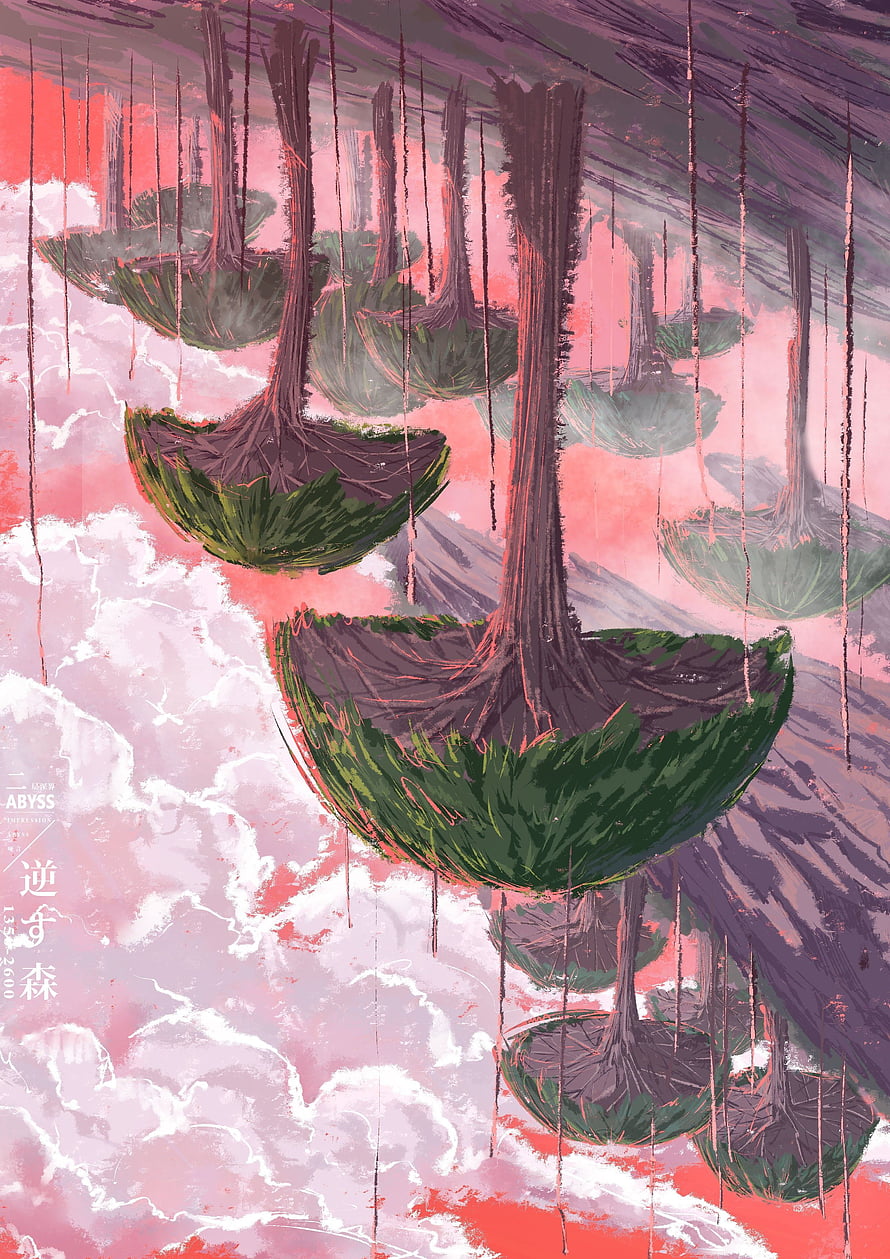 Made in Abyss Floating Forest Landscape with Inverted Trees and Pink Sky HD phone wallpaper