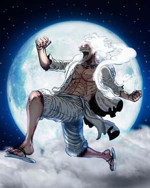 Monkey D. Luffy Gear 5 Nika Form Leaping Above Clouds Against a Glowing Moon HD phone wallpaper