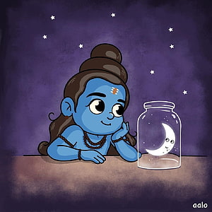 Cute Chibi Lord Shiva Illustration with Crescent Moon in a Glass Jar HD phone wallpaper