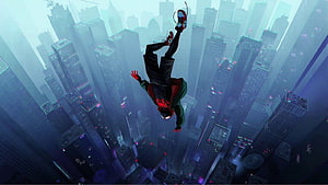 Miles Morales Falling Upside Down Over City Skyline in Spider-Verse Style HD wallpaper