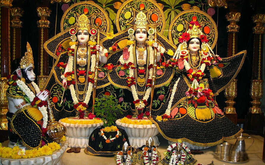 Ram Darbar Temple Shrine with Elaborate Floral Decorations and Traditional Hindu Iconography HD wallpaper