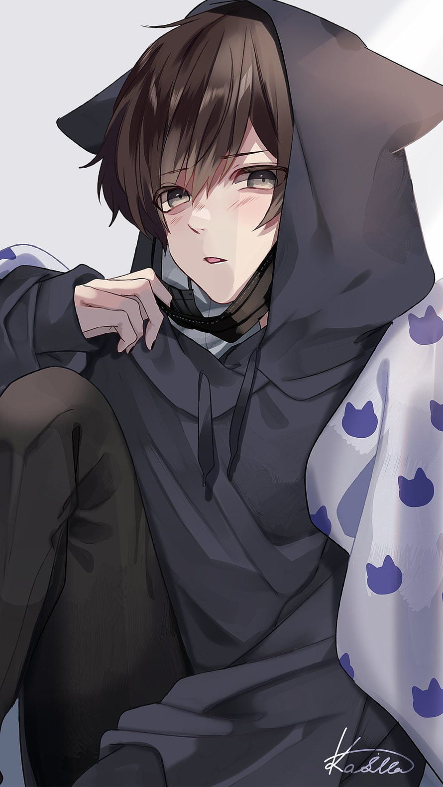 Anime Boy in Dark Hoodie with Cat Ears and Purple Patterned Blanket HD phone wallpaper