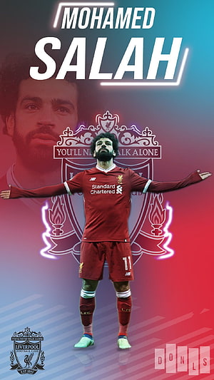 Mohamed Salah Liverpool FC Home Kit Player Poster with Club Crest and Neon Background HD phone wallpaper
