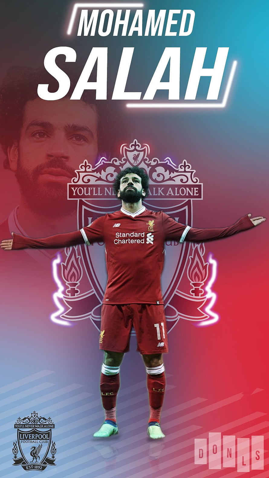 Mohamed Salah Liverpool FC Home Kit Player Poster with Club Crest and Neon Background HD phone wallpaper