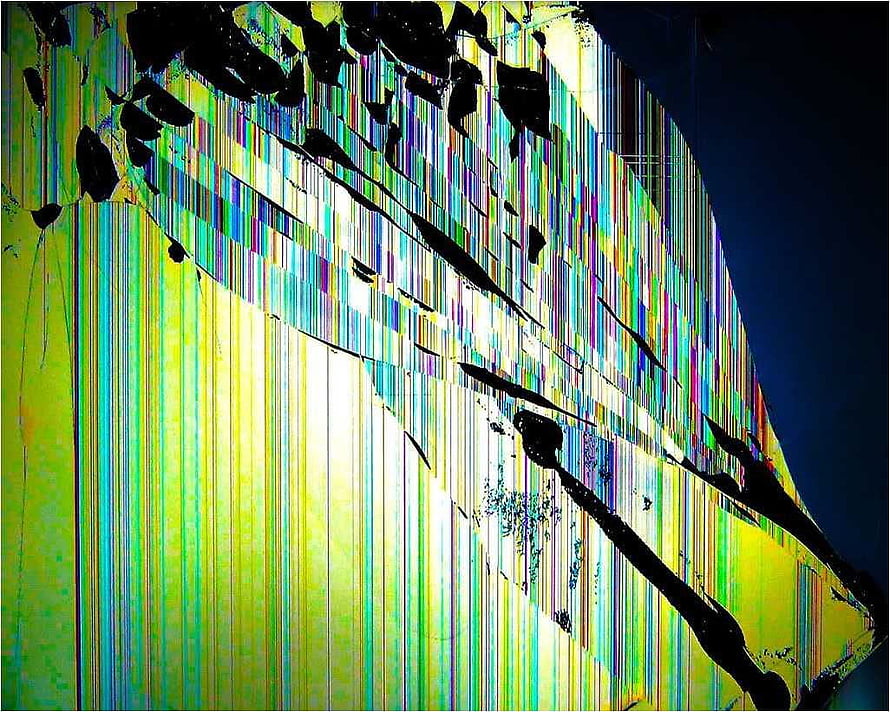 Abstract Glitch Art with Vertical Color Stripes and Black Silhouettes HD wallpaper