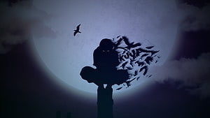 Itachi Uchiha Silhouette with Crows and Full Moon in Dark Night Sky HD wallpaper