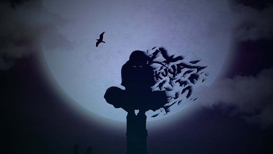 Itachi Uchiha Silhouette with Crows and Full Moon in Dark Night Sky HD wallpaper