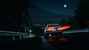 Initial D AE86 Trueno Drifting on a Mountain Road at Night Under a Full Moon HD wallpaper