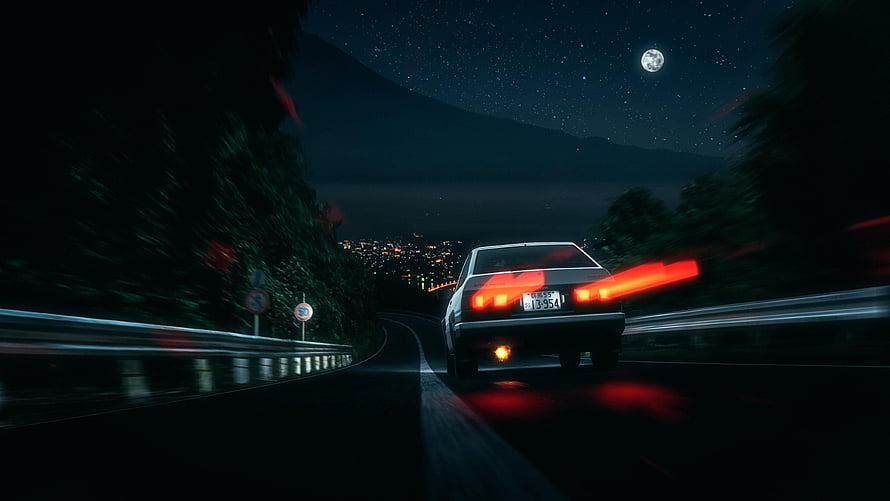 Initial D AE86 Trueno Drifting on a Mountain Road at Night Under a Full Moon HD wallpaper