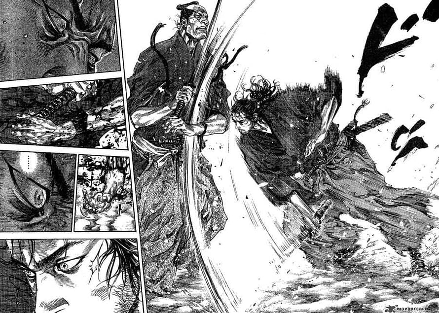 Vagabond Manga: Intense Sword Fight Between Musashi and Rival Warrior HD wallpaper